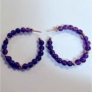 14K Yellow Gold & Amethyst Bead 3/4 Hoop Earrings with Posts.